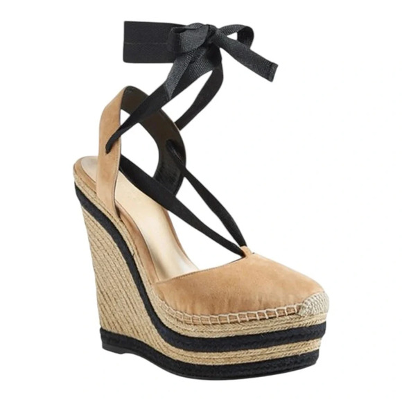 GUCCI Suede Wedge Wrap Espadrilles in Tan and Black Size 7 - Picture 1 of 11